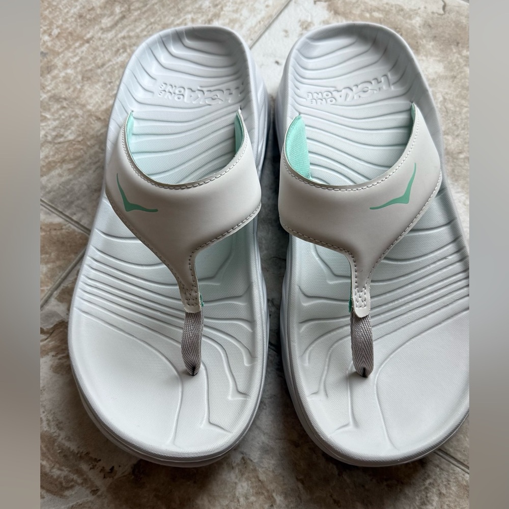 Hoka One One White and Mint Sandals